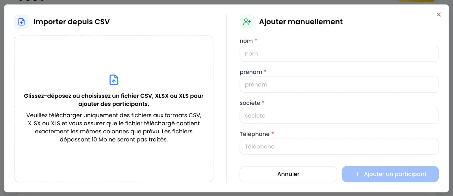 Fenêtre d'ajout d'un événement importé : zone « Importer depuis CSV » à gauche, formulaire « Ajouter manuellement » à droite avec les champs nom, prénom, societe et Téléphone, boutons Annuler et Ajouter un participant (grisé)