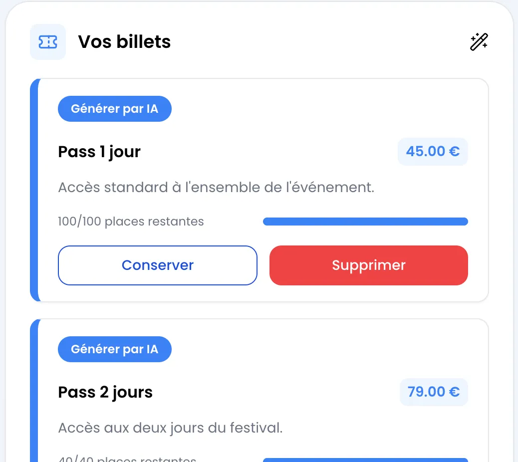 Bloc « Vos billets » avec deux propositions marquées « Générer par IA » : Pass 1 jour à 45.00 € (100/100 places restantes) avec les boutons « Conserver » et « Supprimer », puis Pass 2 jours à 79.00 €