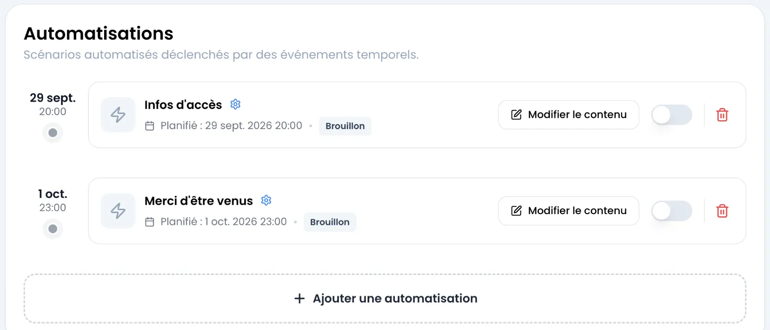 Carte Automatisations d'un événement : frise avec deux automatisations en Brouillon, « Infos d'accès » planifiée le 29 sept. 2026 à 20:00 et « Merci d'être venus » le 1 oct. 2026 à 23:00, chacune avec un point gris, un bouton Modifier le contenu, un interrupteur désactivé et une corbeille, puis le bouton Ajouter une automatisation