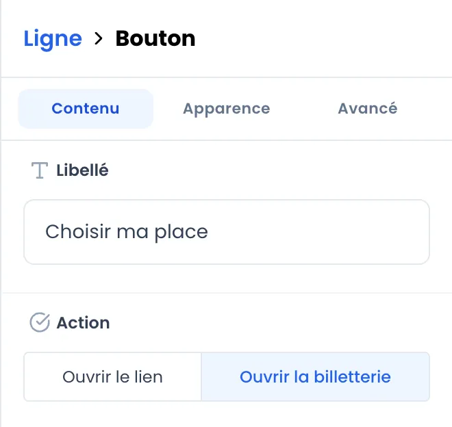 Réglages d'un bloc Bouton (Ligne > Bouton), onglet Contenu : Libellé « Choisir ma place » et Action sur Ouvrir la billetterie