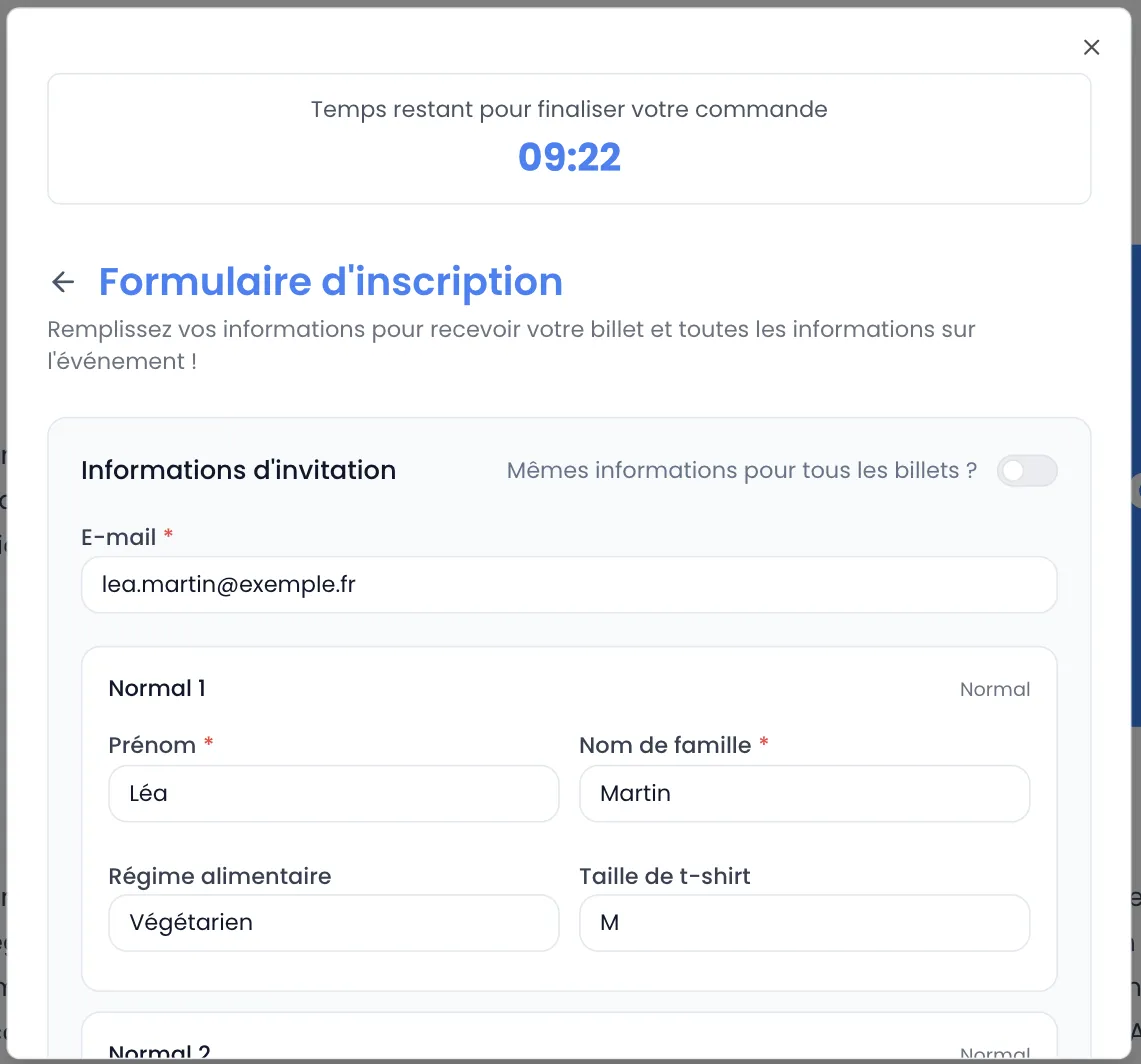 Formulaire d'inscription avec le minuteur « Temps restant pour finaliser votre commande » à 09:22, la partie « Informations d'invitation » (interrupteur « Mêmes informations pour tous les billets ? » désactivé, e-mail lea.martin@exemple.fr) et le billet « Normal 1 » rempli : Léa Martin, Régime alimentaire Végétarien, Taille de t-shirt M ; le début de « Normal 2 » en bas
