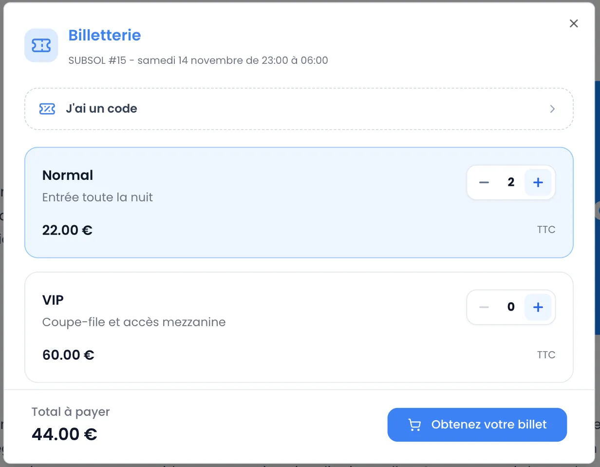 Fenêtre d'achat « Billetterie » de SUBSOL #15 (samedi 14 novembre de 23:00 à 06:00) : bouton « J'ai un code » en haut, 2 billets « Normal » à 22.00 € TTC sélectionnés, billet « VIP » à 60.00 € TTC laissé à 0, et en bas « Total à payer 44.00 € » avec le bouton « Obtenez votre billet »