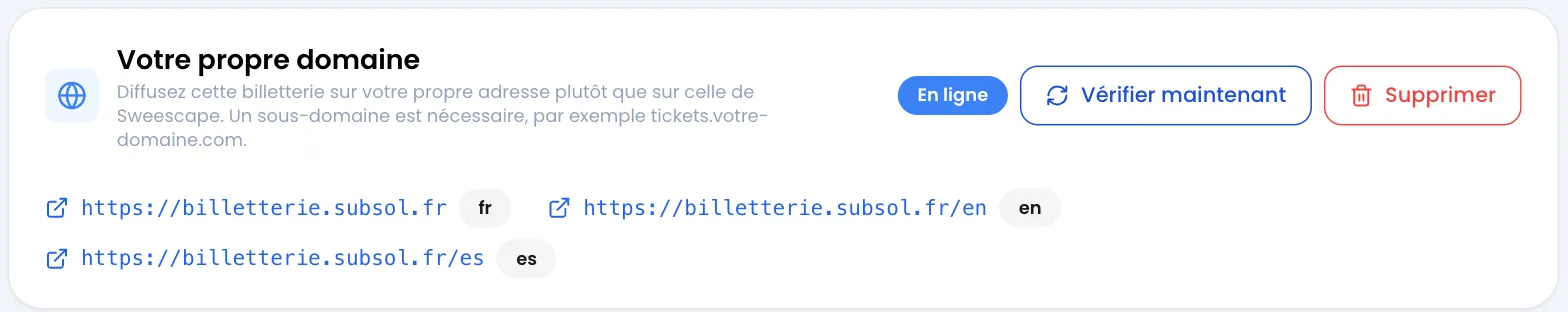Carte Votre propre domaine au statut En ligne, listant https://billetterie.subsol.fr avec la langue fr, https://billetterie.subsol.fr/en avec en et https://billetterie.subsol.fr/es avec es