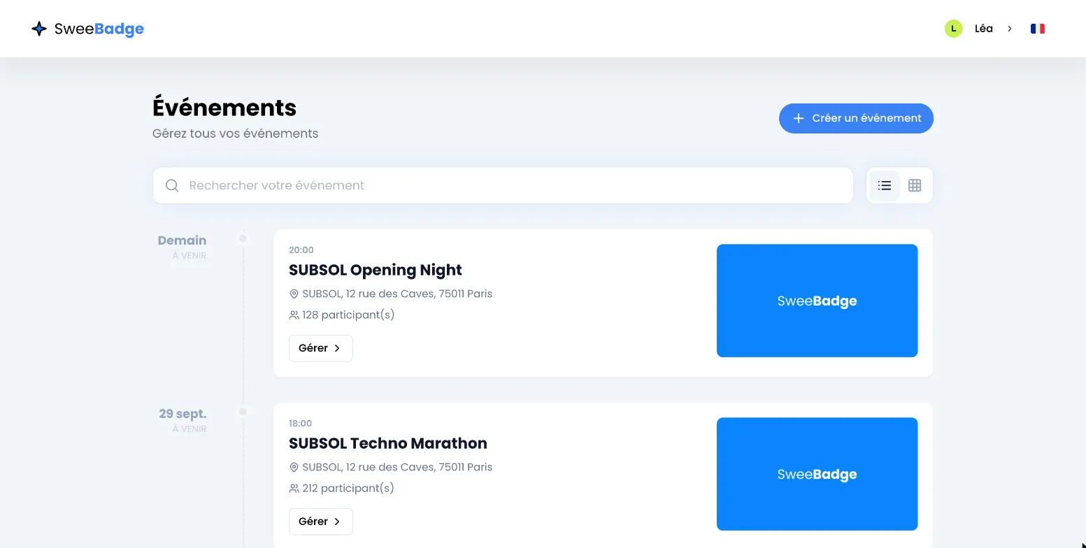 Page Événements en vue chronologique avec deux événements à venir : SUBSOL Opening Night « Demain » à 20:00 (128 participant(s)) et SUBSOL Techno Marathon le 29 sept. à 18:00 (212 participant(s)), chacun avec son adresse et son bouton Gérer. En haut, le bouton Créer un événement, la recherche et les boutons de vue