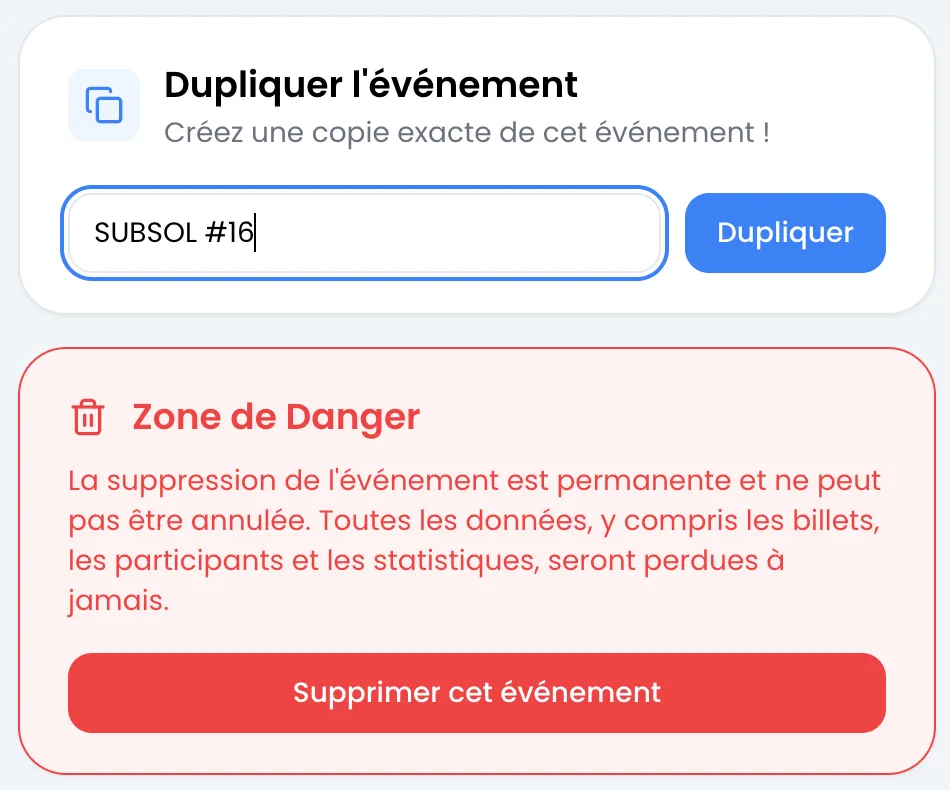 Cartes « Dupliquer l'événement » avec le champ de nom rempli par « SUBSOL #16 » et le bouton Dupliquer, puis « Zone de Danger » avec le bouton Supprimer cet événement