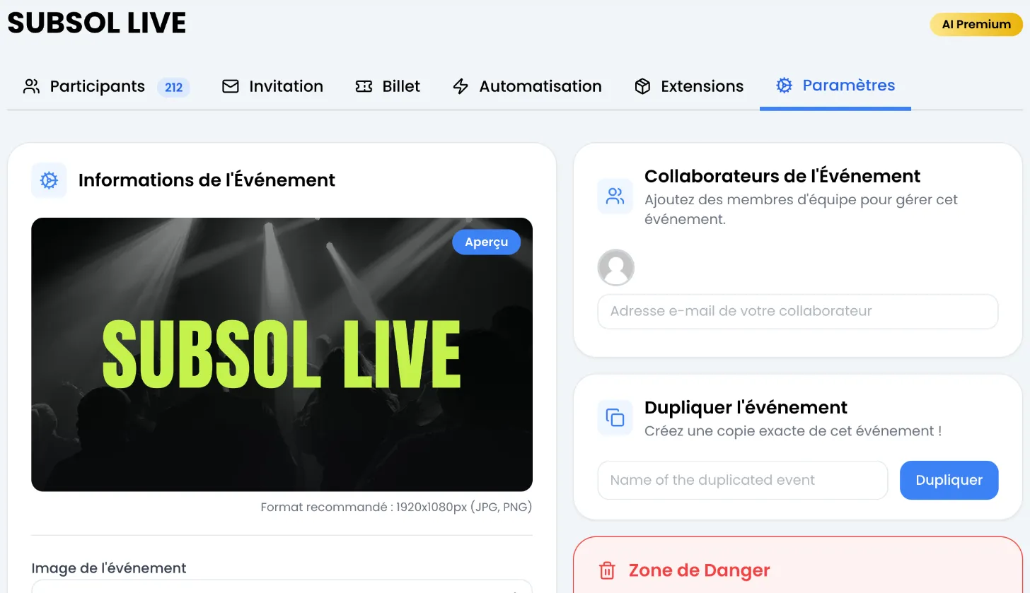 Onglet Paramètres de l'événement SUBSOL LIVE : à gauche, la carte Informations de l'Événement avec l'aperçu de l'image SUBSOL LIVE ; à droite, les cartes Collaborateurs de l'Événement (champ vide), Dupliquer l'événement et le haut de la Zone de Danger