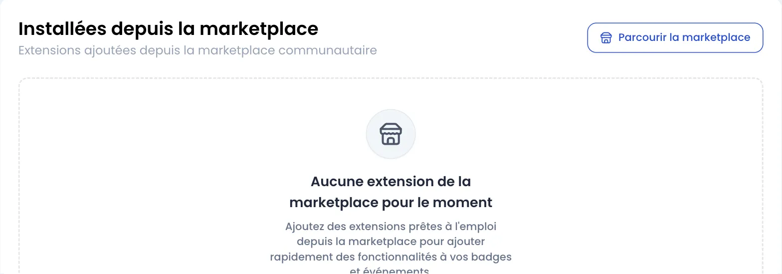 Section Installées depuis la marketplace de la page Extensions, vide avec le message « Aucune extension de la marketplace pour le moment », et le bouton Parcourir la marketplace en haut à droite