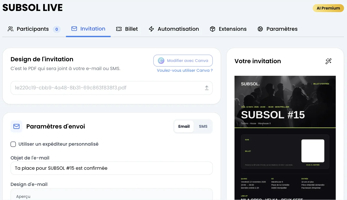 Onglet Invitation de l'événement SUBSOL LIVE : carte Design de l'invitation avec un PDF importé et le bouton Modifier avec Canva, carte Paramètres d'envoi sur Email avec l'objet « Ta place pour SUBSOL #15 est confirmée », et à droite l'aperçu Votre invitation du billet SUBSOL #15