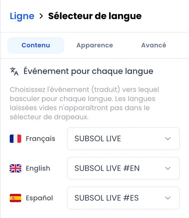 Réglages du bloc Sélecteur de langue, onglet Contenu, rubrique Événement pour chaque langue : Français associé à « SUBSOL LIVE », English à « SUBSOL LIVE #EN », Español à « SUBSOL LIVE #ES »