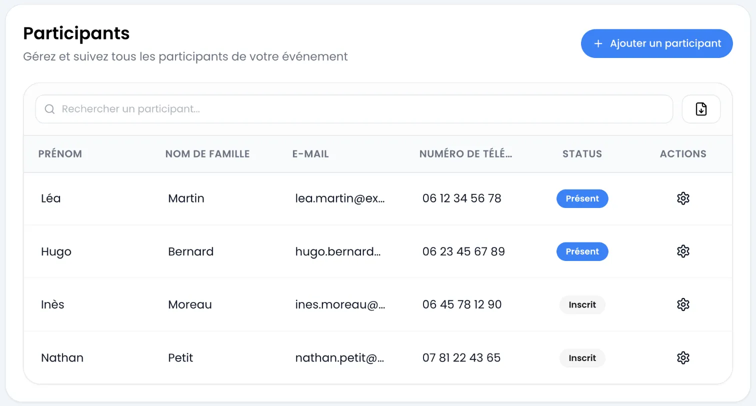 Carte Participants : tableau avec Léa Martin, Hugo Bernard, Inès Moreau et Nathan Petit, colonnes PRÉNOM, NOM DE FAMILLE, E-MAIL, NUMÉRO DE TÉLÉ… (tronqué), STATUS (badges Présent et Inscrit) et ACTIONS, avec au-dessus la recherche, le bouton d'export et le bouton Ajouter un participant