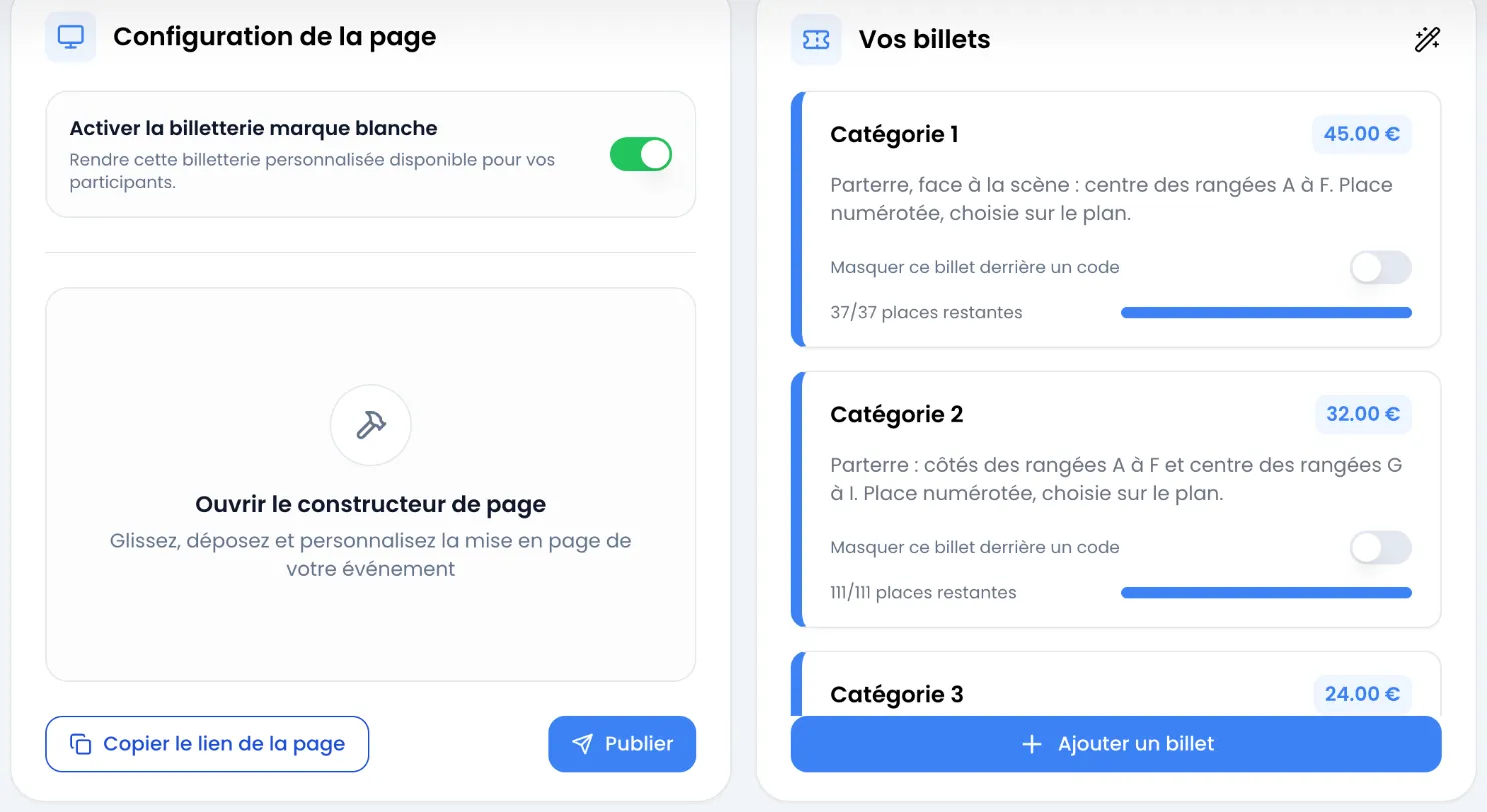 À gauche la carte Configuration de la page avec l'interrupteur Activer la billetterie marque blanche activé, la zone Ouvrir le constructeur de page et les boutons Copier le lien de la page et Publier ; à droite la carte Vos billets avec Catégorie 1 à 45.00 €, Catégorie 2 à 32.00 €, le haut de Catégorie 3 et le bouton Ajouter un billet