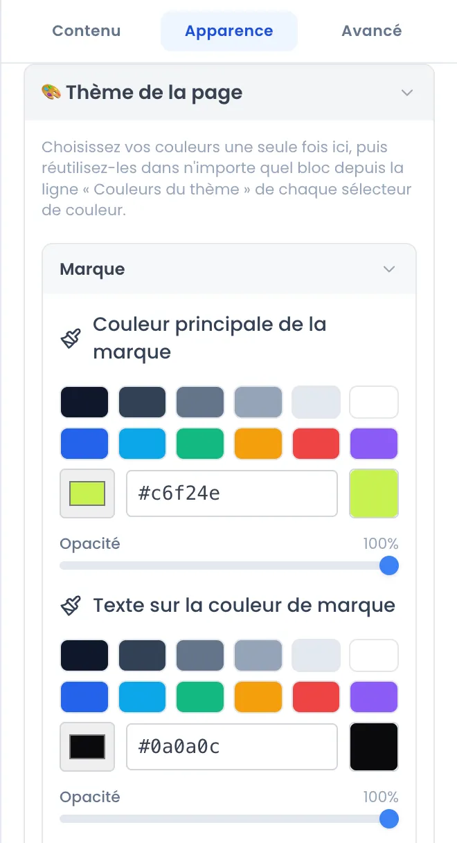 Onglet Apparence, rubrique Thème de la page ouverte, groupe Marque déplié : Couleur principale de la marque #c6f24e (vert acide) et Texte sur la couleur de marque #0a0a0c, chacune avec sa palette et son curseur Opacité à 100 %