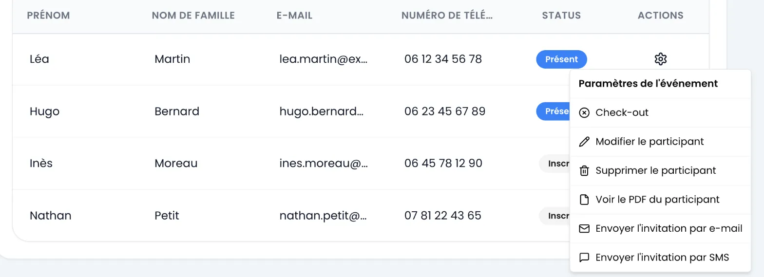 Menu « Paramètres de l'événement » ouvert sur la ligne de Léa Martin, marquée Présent : Check-out, Modifier le participant, Supprimer le participant, Voir le PDF du participant, Envoyer l'invitation par e-mail, Envoyer l'invitation par SMS