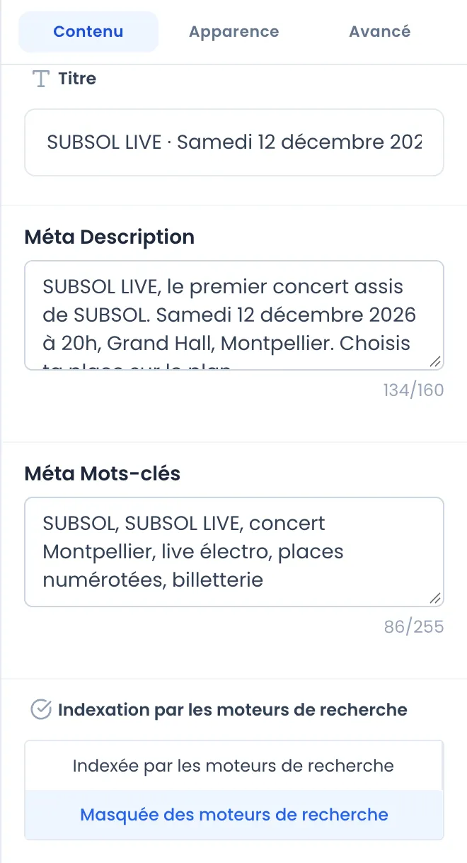 Onglet Contenu des réglages de la page : Titre « SUBSOL LIVE · Samedi 12 décembre… », Méta Description sur le concert au Grand Hall de Montpellier avec son compteur 134/160, Méta Mots-clés (86/255), et Indexation par les moteurs de recherche sur Masquée des moteurs de recherche