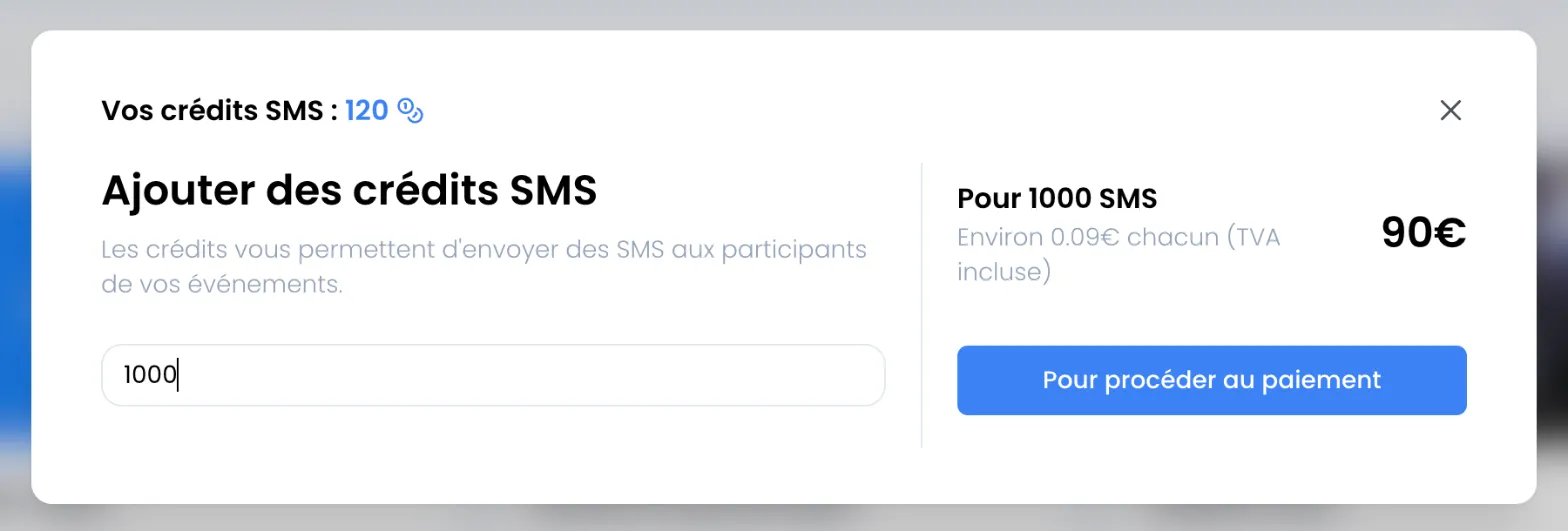 Fenêtre « Vos crédits SMS : 120 » : titre Ajouter des crédits SMS, champ rempli avec 1000, à droite « Pour 1000 SMS », « Environ 0.09€ chacun (TVA incluse) », total 90€ et bouton Pour procéder au paiement