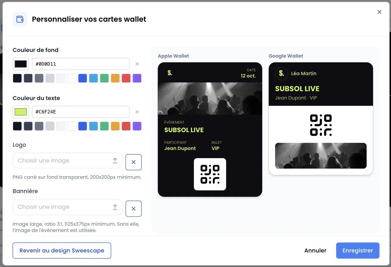 Fenêtre « Personnaliser vos cartes wallet » : couleur de fond #0D0D11, couleur du texte #C6F24E, champs Logo et Bannière vides, et à droite les aperçus Apple Wallet (SUBSOL LIVE, Jean Dupont, billet VIP) et Google Wallet ; en bas, Revenir au design Sweescape, Annuler et Enregistrer